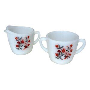 Fire King Primrose Floral Creamer & Sugar Bowl Set Milk Glass Anchor Hoc…
